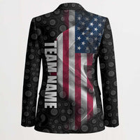 American Flag Bowling Ball and Pins Graphic Blazer with Black Patterned Background and Custom Team Name Design - Wonder Print Shop