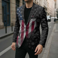 American Flag Bowling Ball and Pins Graphic Blazer with Black Patterned Background and Custom Team Name Design - Wonder Print Shop