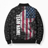 American Flag Bowling Ball and Pins Graphic Bomber Puffer Jacket with Black Patterned Background and Custom Team Name Design - Wonder Print Shop
