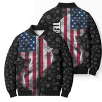 American Flag Bowling Ball and Pins Graphic Bomber Puffer Jacket with Black Patterned Background and Custom Team Name Design - Wonder Print Shop