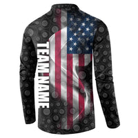 American Flag Bowling Ball and Pins Graphic Button Sweatshirt with Black Patterned Background and Custom Team Name Design - Wonder Print Shop