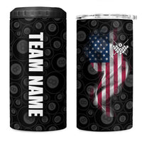 American Flag Bowling Ball and Pins Graphic 4 in 1 Can Cooler Tumbler with Black Patterned Background and Custom Team Name Design - Wonder Print Shop