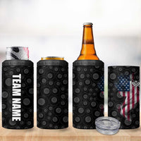 American Flag Bowling Ball and Pins Graphic 4 in 1 Can Cooler Tumbler with Black Patterned Background and Custom Team Name Design - Wonder Print Shop