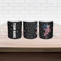 American Flag Bowling Ball and Pins Graphic Ceramic Mug with Black Patterned Background and Custom Team Name Design - Wonder Print Shop