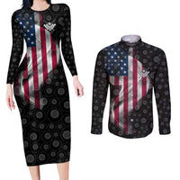 American Flag Bowling Ball and Pins Graphic Couples Matching Long Sleeve Bodycon Dress and Long Sleeve Button Shirt with Black Patterned Background and Custom Team Name Design - Wonder Print Shop