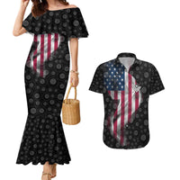 American Flag Bowling Ball and Pins Graphic Couples Matching Mermaid Dress and Hawaiian Shirt with Black Patterned Background and Custom Team Name Design - Wonder Print Shop
