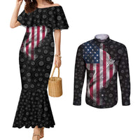 American Flag Bowling Ball and Pins Graphic Couples Matching Mermaid Dress and Long Sleeve Button Shirt with Black Patterned Background and Custom Team Name Design - Wonder Print Shop
