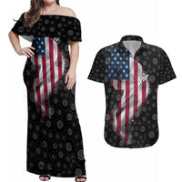 American Flag Bowling Ball and Pins Graphic Couples Matching Off Shoulder Maxi Dress and Hawaiian Shirt with Black Patterned Background and Custom Team Name Design - Wonder Print Shop