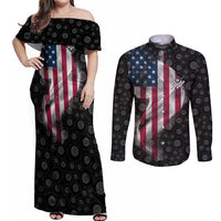 American Flag Bowling Ball and Pins Graphic Couples Matching Off Shoulder Maxi Dress and Long Sleeve Button Shirt with Black Patterned Background and Custom Team Name Design - Wonder Print Shop