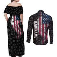 American Flag Bowling Ball and Pins Graphic Couples Matching Off Shoulder Maxi Dress and Long Sleeve Button Shirt with Black Patterned Background and Custom Team Name Design - Wonder Print Shop
