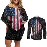 American Flag Bowling Ball and Pins Graphic Couples Matching Off Shoulder Short Dress and Long Sleeve Button Shirt with Black Patterned Background and Custom Team Name Design - Wonder Print Shop