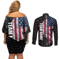 American Flag Bowling Ball and Pins Graphic Couples Matching Off Shoulder Short Dress and Long Sleeve Button Shirt with Black Patterned Background and Custom Team Name Design - Wonder Print Shop