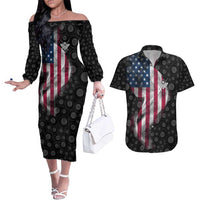 American Flag Bowling Ball and Pins Graphic Couples Matching Off The Shoulder Long Sleeve Dress and Hawaiian Shirt with Black Patterned Background and Custom Team Name Design - Wonder Print Shop