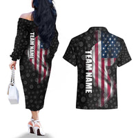 American Flag Bowling Ball and Pins Graphic Couples Matching Off The Shoulder Long Sleeve Dress and Hawaiian Shirt with Black Patterned Background and Custom Team Name Design - Wonder Print Shop