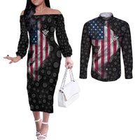 American Flag Bowling Ball and Pins Graphic Couples Matching Off The Shoulder Long Sleeve Dress and Long Sleeve Button Shirt with Black Patterned Background and Custom Team Name Design - Wonder Print Shop