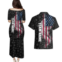 American Flag Bowling Ball and Pins Graphic Couples Matching Puletasi and Hawaiian Shirt with Black Patterned Background and Custom Team Name Design - Wonder Print Shop