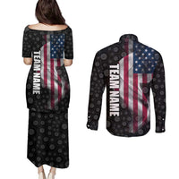 American Flag Bowling Ball and Pins Graphic Couples Matching Puletasi and Long Sleeve Button Shirt with Black Patterned Background and Custom Team Name Design - Wonder Print Shop