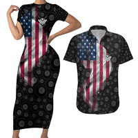 American Flag Bowling Ball and Pins Graphic Couples Matching Short Sleeve Bodycon Dress and Hawaiian Shirt with Black Patterned Background and Custom Team Name Design - Wonder Print Shop