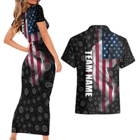American Flag Bowling Ball and Pins Graphic Couples Matching Short Sleeve Bodycon Dress and Hawaiian Shirt with Black Patterned Background and Custom Team Name Design - Wonder Print Shop