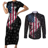American Flag Bowling Ball and Pins Graphic Couples Matching Short Sleeve Bodycon Dress and Long Sleeve Button Shirt with Black Patterned Background and Custom Team Name Design - Wonder Print Shop