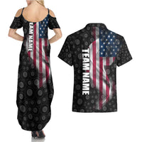 American Flag Bowling Ball and Pins Graphic Couples Matching Summer Maxi Dress and Hawaiian Shirt with Black Patterned Background and Custom Team Name Design - Wonder Print Shop