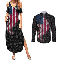 American Flag Bowling Ball and Pins Graphic Couples Matching Summer Maxi Dress and Long Sleeve Button Shirt with Black Patterned Background and Custom Team Name Design - Wonder Print Shop