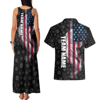American Flag Bowling Ball and Pins Graphic Couples Matching Tank Maxi Dress and Hawaiian Shirt with Black Patterned Background and Custom Team Name Design - Wonder Print Shop