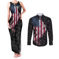 American Flag Bowling Ball and Pins Graphic Couples Matching Tank Maxi Dress and Long Sleeve Button Shirt with Black Patterned Background and Custom Team Name Design - Wonder Print Shop