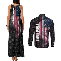 American Flag Bowling Ball and Pins Graphic Couples Matching Tank Maxi Dress and Long Sleeve Button Shirt with Black Patterned Background and Custom Team Name Design - Wonder Print Shop