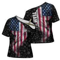 American Flag Bowling Ball and Pins Graphic Cross Shoulder Shirt with Black Patterned Background and Custom Team Name Design - Wonder Print Shop