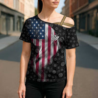 American Flag Bowling Ball and Pins Graphic Cross Shoulder Shirt with Black Patterned Background and Custom Team Name Design - Wonder Print Shop