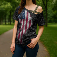 American Flag Bowling Ball and Pins Graphic Cross Shoulder Shirt with Black Patterned Background and Custom Team Name Design - Wonder Print Shop