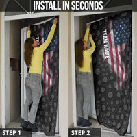 American Flag Bowling Ball and Pins Graphic Door Cover with Black Patterned Background and Custom Team Name Design - Wonder Print Shop