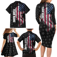 American Flag Bowling Ball and Pins Graphic Family Matching Long Sleeve Bodycon Dress and Hawaiian Shirt with Black Patterned Background and Custom Team Name Design - Wonder Print Shop