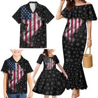 American Flag Bowling Ball and Pins Graphic Family Matching Mermaid Dress and Hawaiian Shirt with Black Patterned Background and Custom Team Name Design - Wonder Print Shop