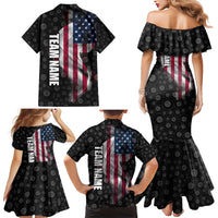 American Flag Bowling Ball and Pins Graphic Family Matching Mermaid Dress and Hawaiian Shirt with Black Patterned Background and Custom Team Name Design - Wonder Print Shop