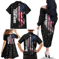 American Flag Bowling Ball and Pins Graphic Family Matching Off The Shoulder Long Sleeve Dress and Hawaiian Shirt with Black Patterned Background and Custom Team Name Design - Wonder Print Shop