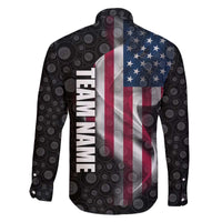 American Flag Bowling Ball and Pins Graphic Family Matching Off The Shoulder Long Sleeve Dress and Hawaiian Shirt with Black Patterned Background and Custom Team Name Design - Wonder Print Shop