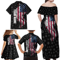 American Flag Bowling Ball and Pins Graphic Family Matching Off Shoulder Maxi Dress and Hawaiian Shirt with Black Patterned Background and Custom Team Name Design - Wonder Print Shop