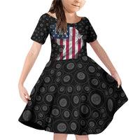 American Flag Bowling Ball and Pins Graphic Family Matching Off Shoulder Short Dress and Hawaiian Shirt with Black Patterned Background and Custom Team Name Design - Wonder Print Shop
