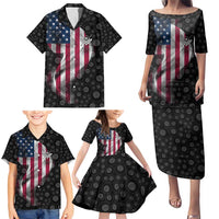 American Flag Bowling Ball and Pins Graphic Family Matching Puletasi and Hawaiian Shirt with Black Patterned Background and Custom Team Name Design - Wonder Print Shop