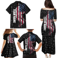 American Flag Bowling Ball and Pins Graphic Family Matching Puletasi and Hawaiian Shirt with Black Patterned Background and Custom Team Name Design - Wonder Print Shop