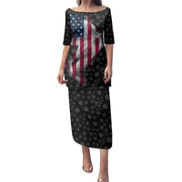 American Flag Bowling Ball and Pins Graphic Family Matching Puletasi and Hawaiian Shirt with Black Patterned Background and Custom Team Name Design - Wonder Print Shop