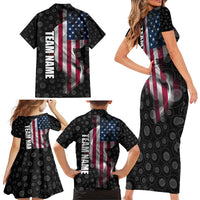 American Flag Bowling Ball and Pins Graphic Family Matching Short Sleeve Bodycon Dress and Hawaiian Shirt with Black Patterned Background and Custom Team Name Design - Wonder Print Shop