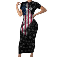 American Flag Bowling Ball and Pins Graphic Family Matching Short Sleeve Bodycon Dress and Hawaiian Shirt with Black Patterned Background and Custom Team Name Design - Wonder Print Shop