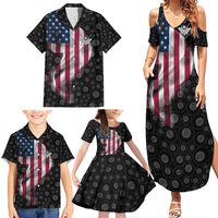 American Flag Bowling Ball and Pins Graphic Family Matching Summer Maxi Dress and Hawaiian Shirt with Black Patterned Background and Custom Team Name Design - Wonder Print Shop