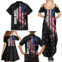 American Flag Bowling Ball and Pins Graphic Family Matching Summer Maxi Dress and Hawaiian Shirt with Black Patterned Background and Custom Team Name Design - Wonder Print Shop
