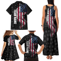 American Flag Bowling Ball and Pins Graphic Family Matching Tank Maxi Dress and Hawaiian Shirt with Black Patterned Background and Custom Team Name Design - Wonder Print Shop