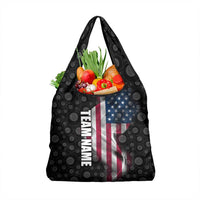 American Flag Bowling Ball and Pins Graphic Grocery Bag with Black Patterned Background and Custom Team Name Design - Wonder Print Shop