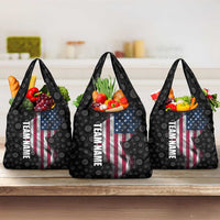 American Flag Bowling Ball and Pins Graphic Grocery Bag with Black Patterned Background and Custom Team Name Design - Wonder Print Shop